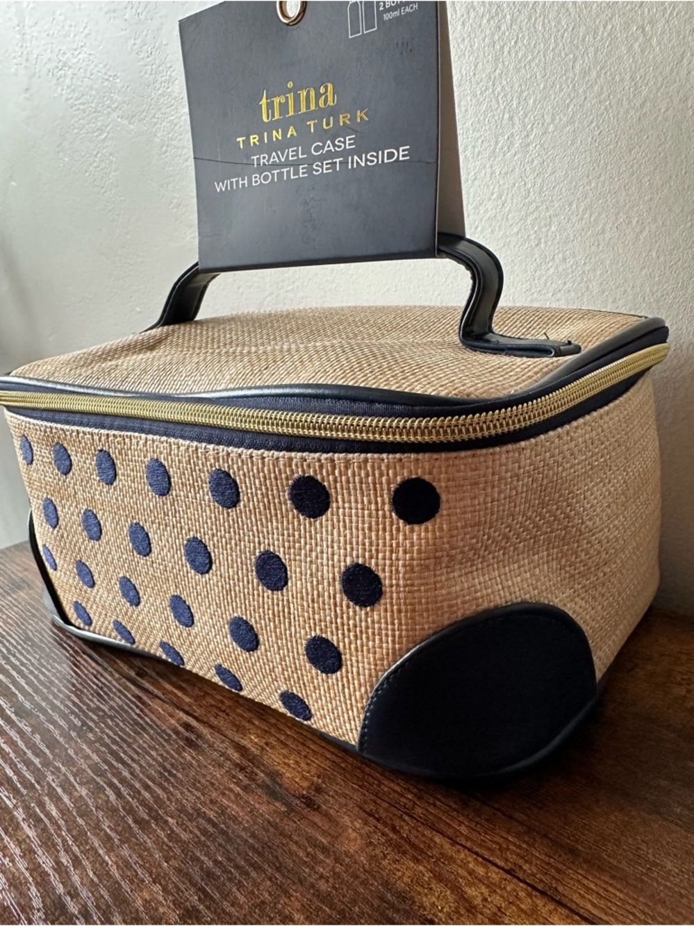 Trina Turk Navy Polka Dot Woven Travel Toiletry Case Faux Leather Corners NWT - Picture 2 of 5